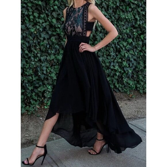 Ina Dresses & Skirts - INA Hi Low Hem Cut Out Detail Maxi Dress Faux leather with Lace Black SZ M